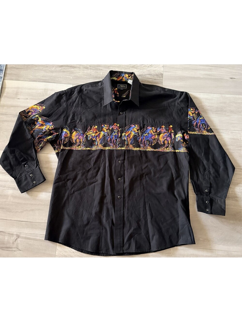 Vtg Roper Shirt Mens XXL 2XL Black Cowboy Horse Western Snap Long Sleeve EUC